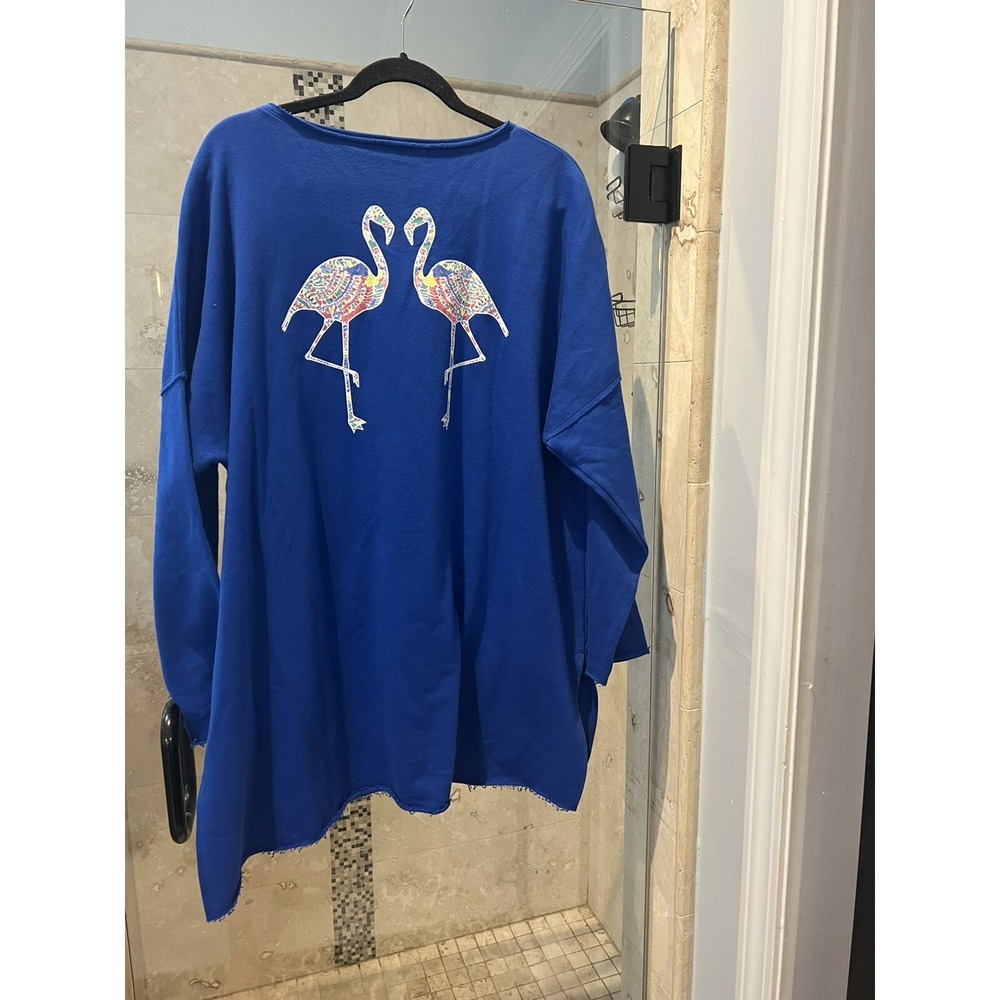Crown & Ivy Curvy Blue Flamingo Swirl Raw Hem Terry Sweatshirt Womens 3X